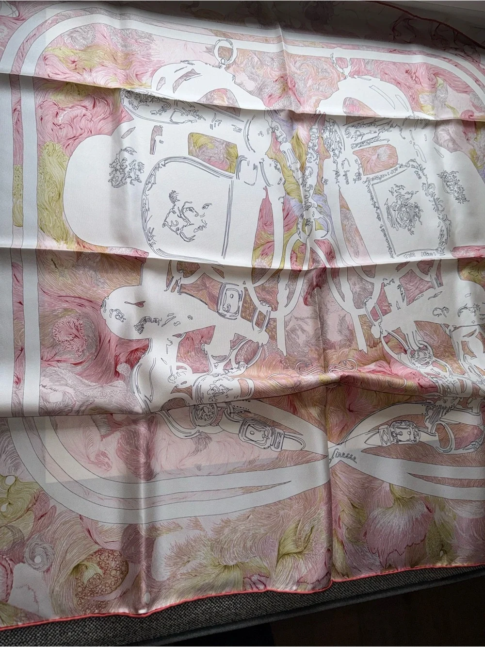 NEW Carolina Lemke Silk Pink &Cream Equestrian Celestial Rose Floral Swirl Scarf